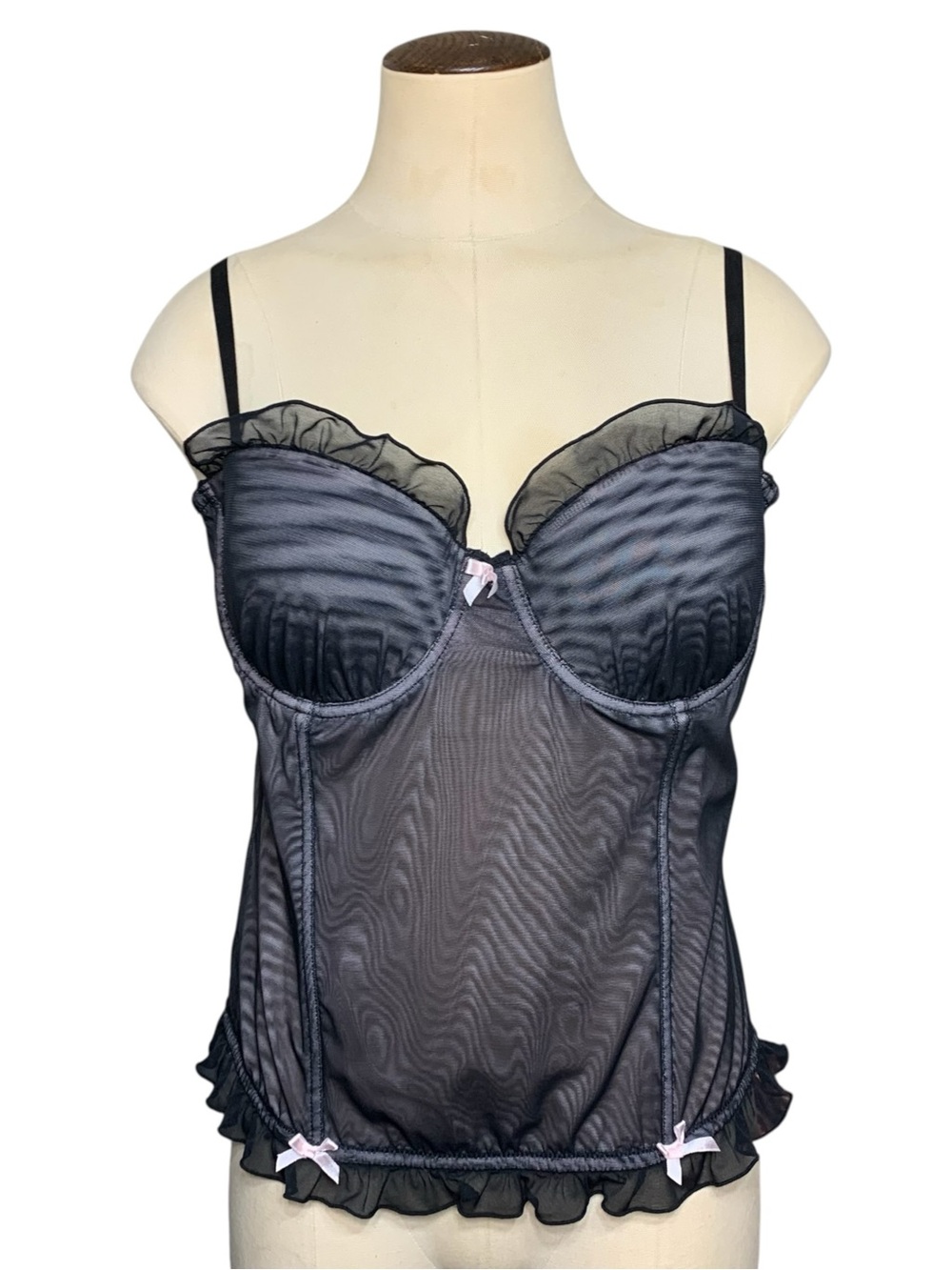 La Lingerie Sheer Black Mesh Bustier Corset Sz L/XL Pink Bow Feminine Romantic